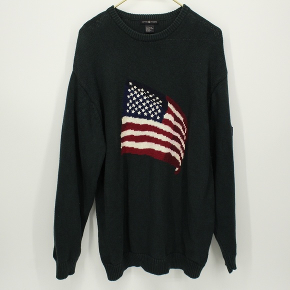Cotton Traders Sweaters - Forest Green American Flag Knit Sweater